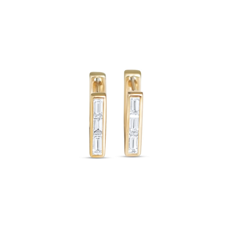 Skinny Square Huggie Earrings with three Diamond Baguettes