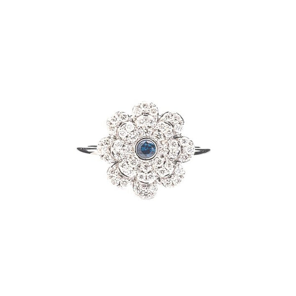Memento Pave Diamond Flower Ring with Blue Sapphire Center in White Gold