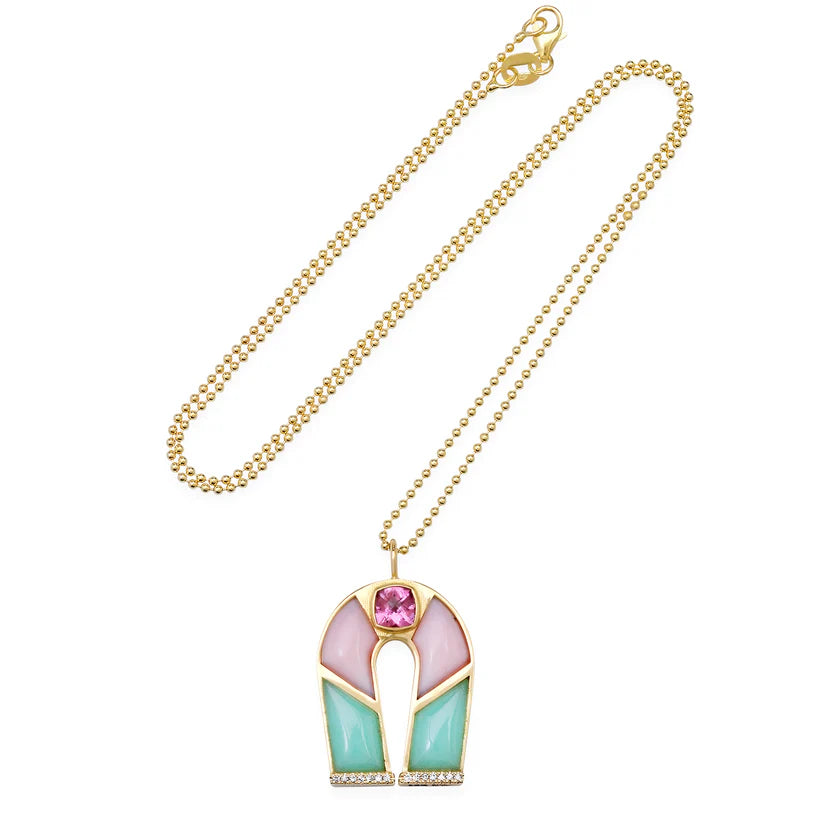 Pink Tourmaline, Pink Opal and Chrysoprase Horseshoe Necklace