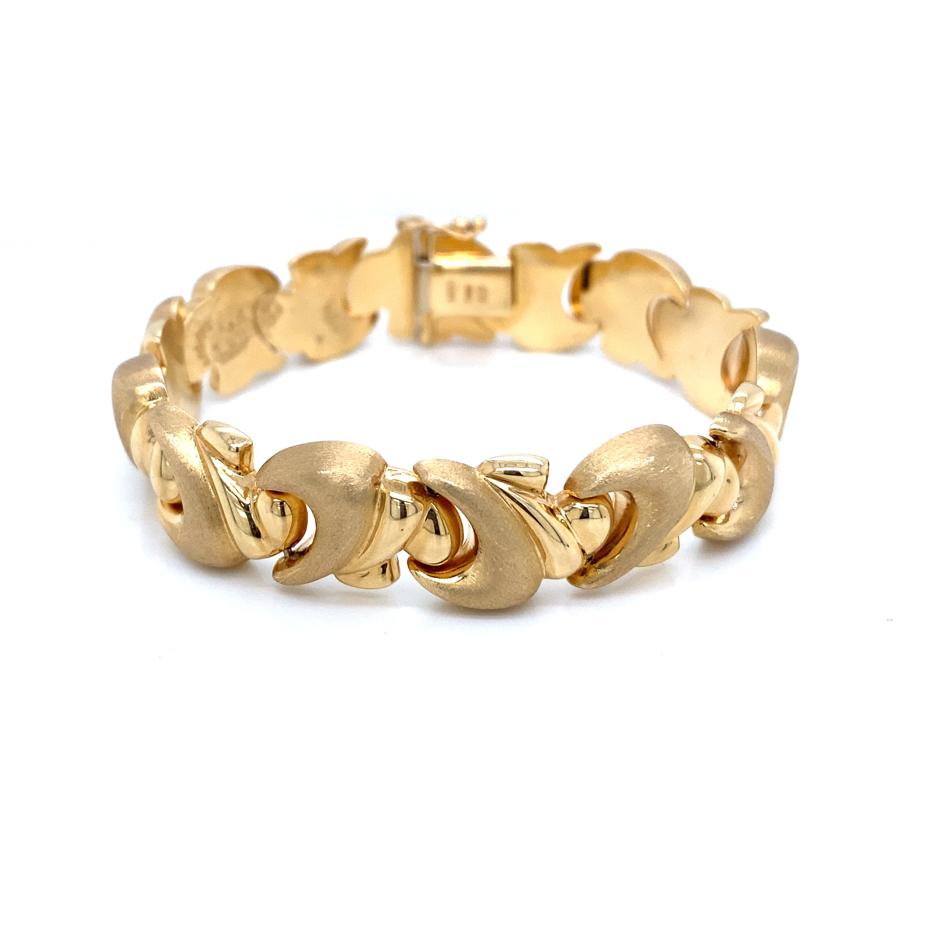 14k yellow gold fancy link bracelet with high and brushed polish finish