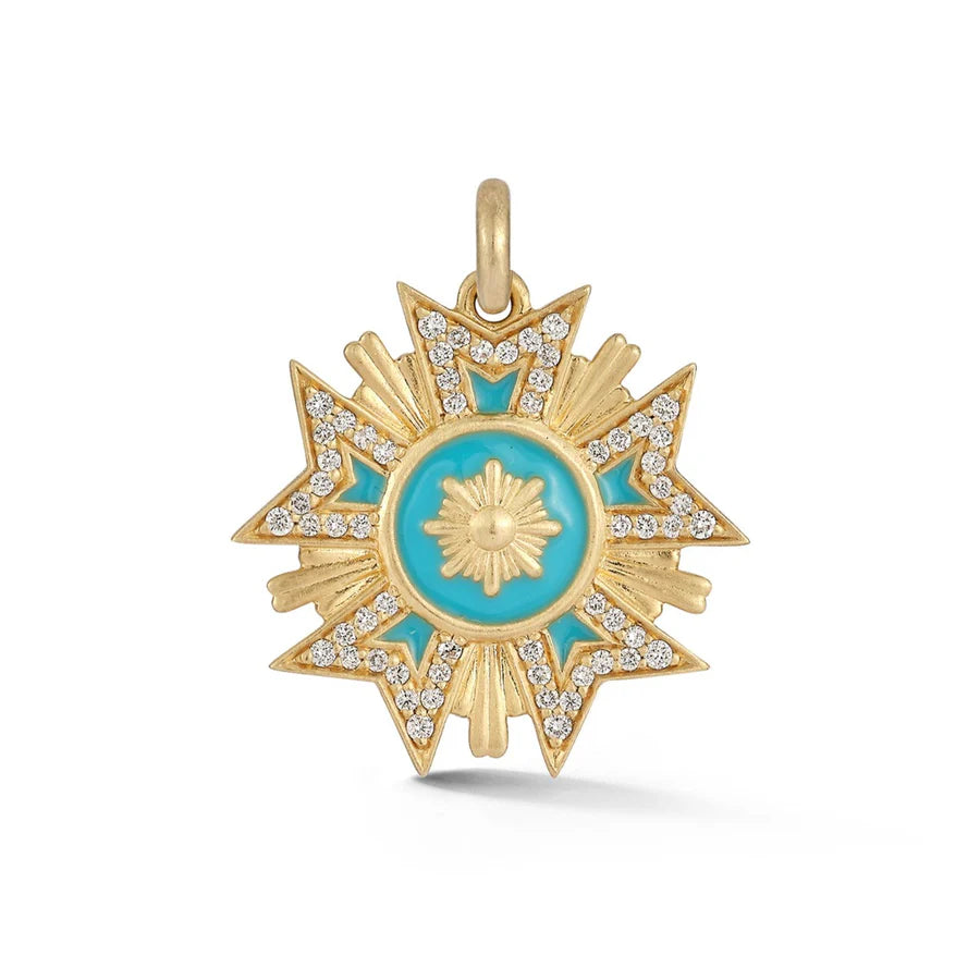 14K Gold White Diamond & Turquoise Blue Enamel Florence Charm