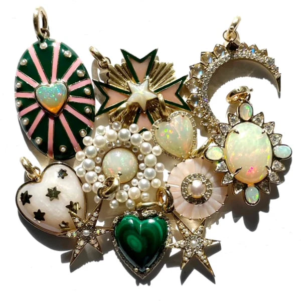 14K Gold Diamond & Rainbow Moonstone Crescent Moon Estelle Charm