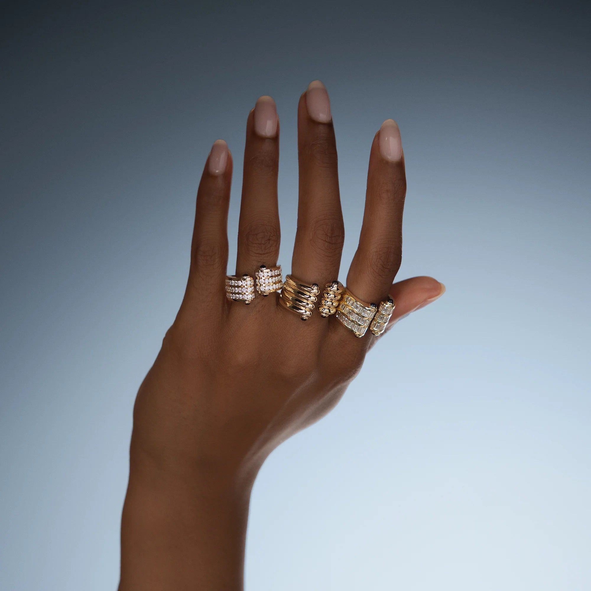 Magna Cuff Ring with Baguette Diamonds and Blue Sapphires