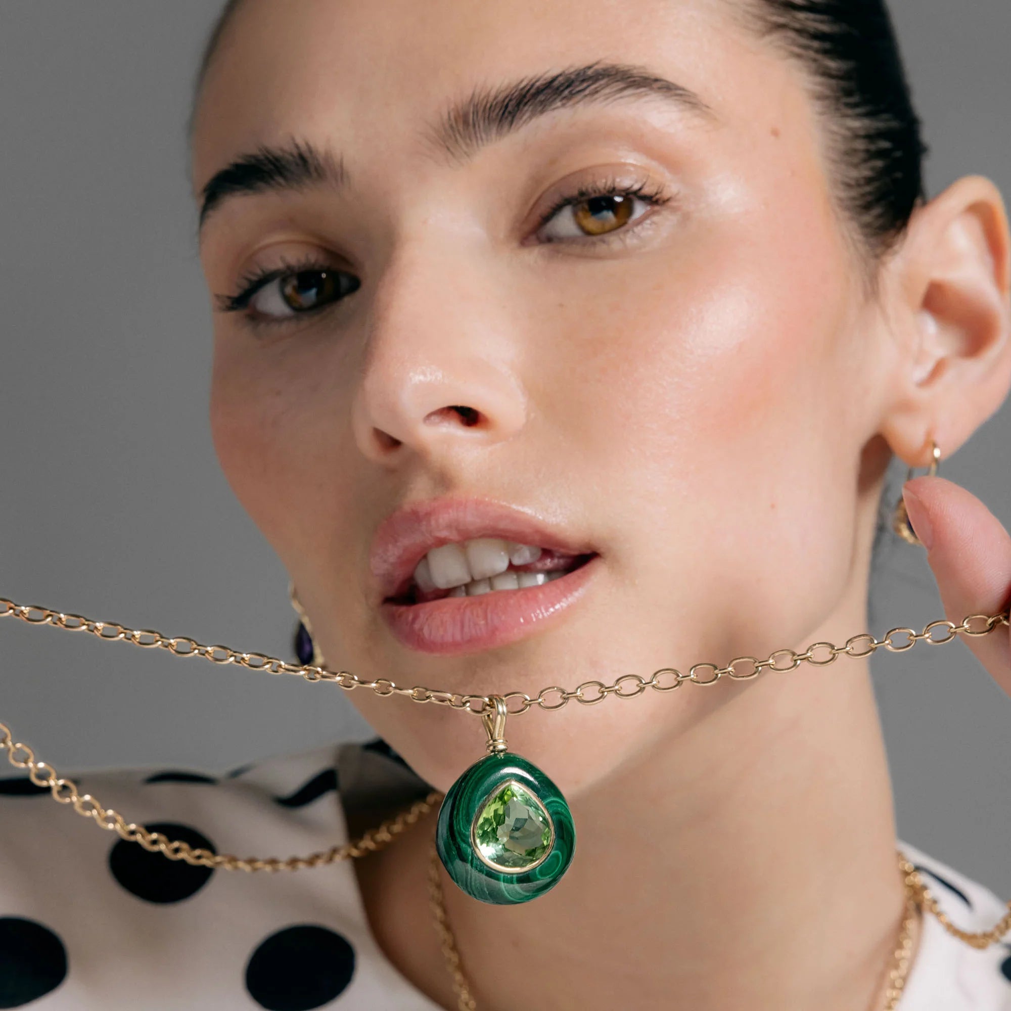 Pear Green Tourmaline in Malachite Lollipop Charm