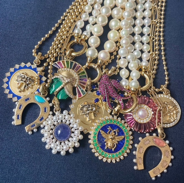 14K Gold Lapis Emerald Diamond Minnie Bee Medallion