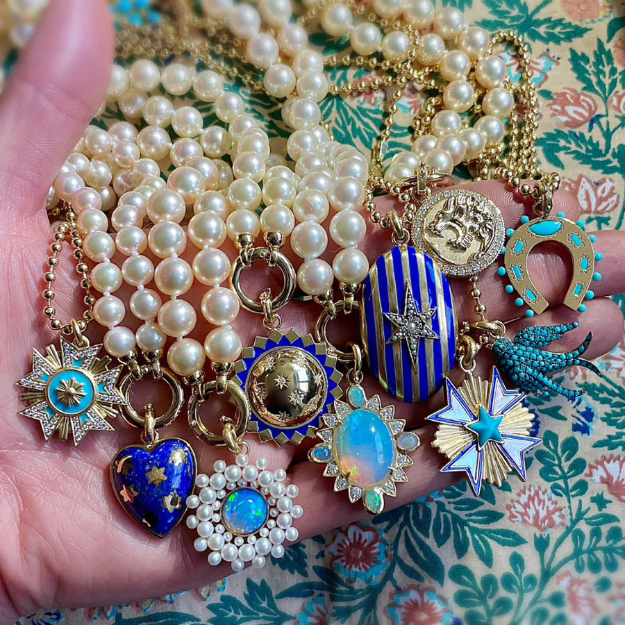 14K Gold White Diamond & Turquoise Blue Enamel Florence Charm