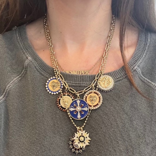 14K Gold Gemstone & Blue Enamel Plus Motif Marguerite Medallion