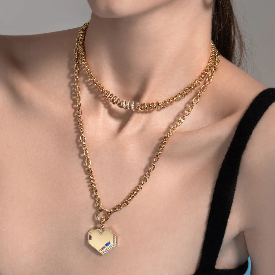 JUMBO YELLOW GOLD DIAMOND HEART PENDANT WITH SAPPHIRES