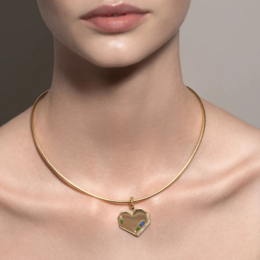 JUMBO YELLOW GOLD DIAMOND HEART PENDANT WITH SAPPHIRES