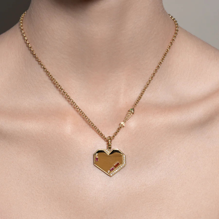 JUMBO YELLOW GOLD DIAMOND HEART PENDANT WITH SAPPHIRES