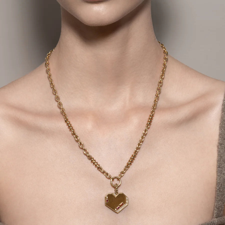 JUMBO YELLOW GOLD DIAMOND HEART PENDANT WITH SAPPHIRES