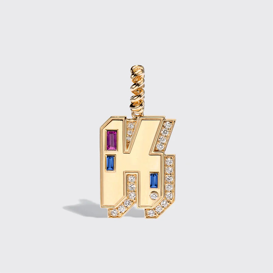 JUMBO YELLOW GOLD LETTER & NUMBER PENDANT [BLUE & PURPLE SAPPHIRES]
