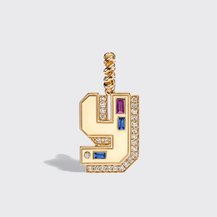 JUMBO YELLOW GOLD LETTER & NUMBER PENDANT [BLUE & PURPLE SAPPHIRES]