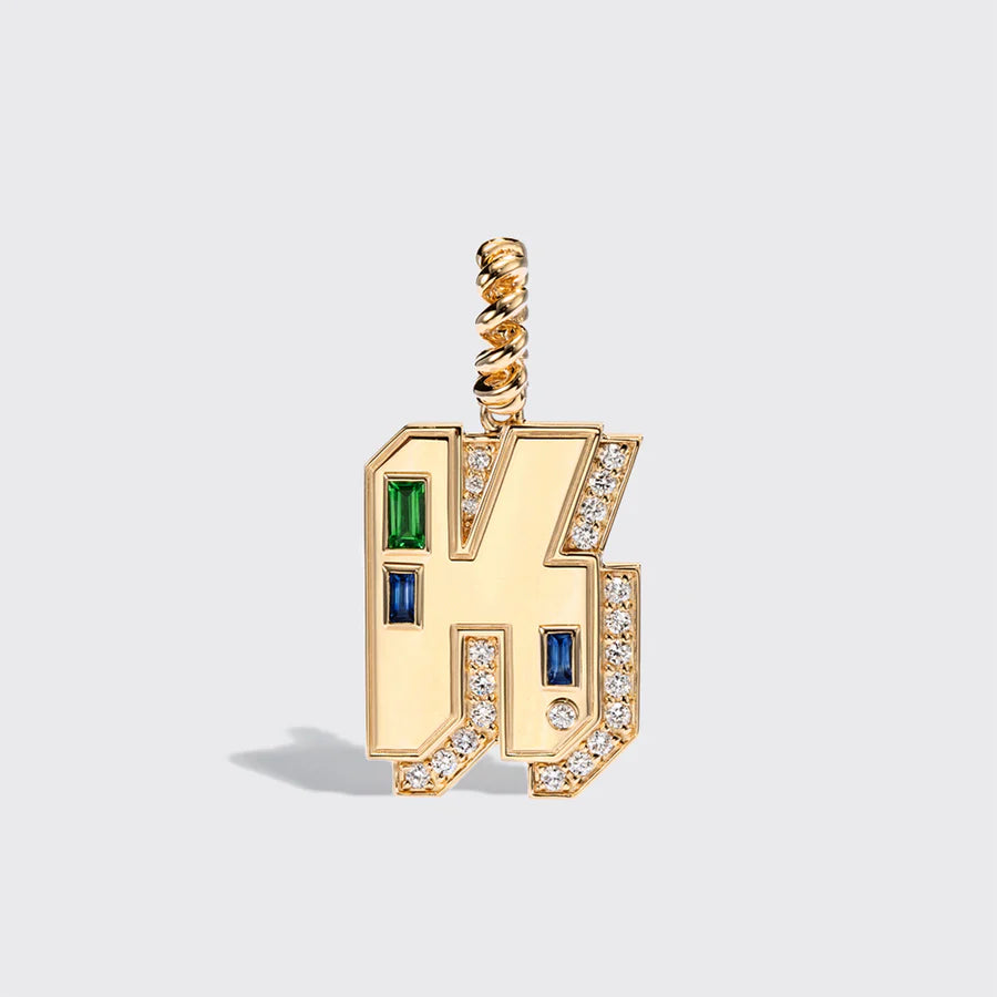 JUMBO YELLOW GOLD LETTER & NUMBER PENDANT [BLUE SAPPHIRE & TSAVORITE]