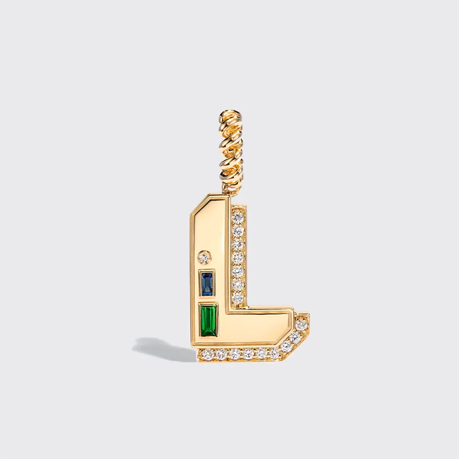 JUMBO YELLOW GOLD LETTER & NUMBER PENDANT [BLUE SAPPHIRE & TSAVORITE]