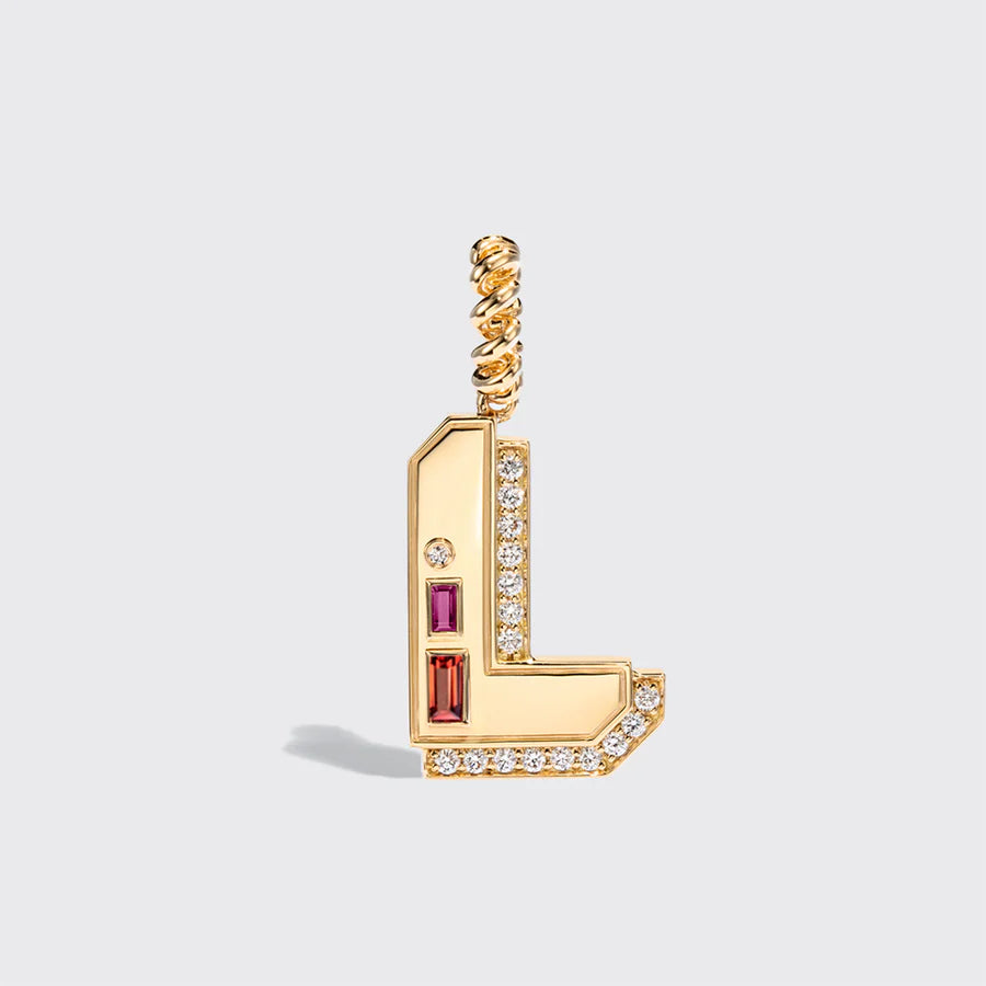 JUMBO YELLOW GOLD LETTER & NUMBER PENDANT [ORANGE & PINK SAPPHIRES]
