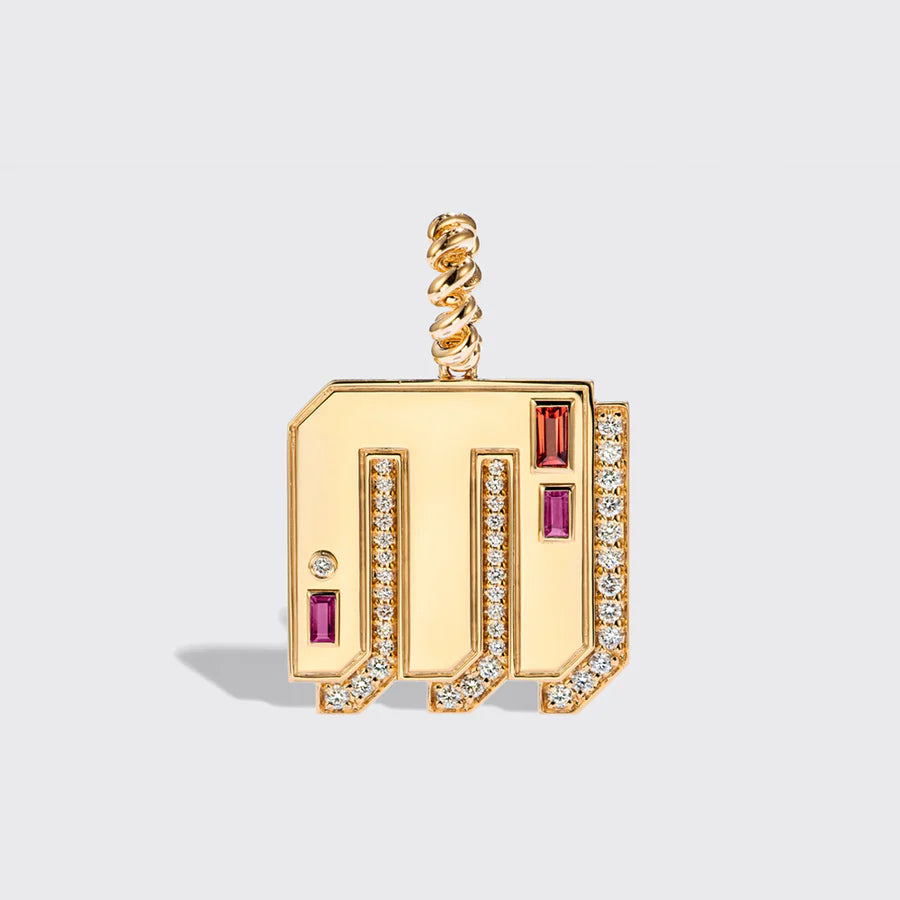JUMBO YELLOW GOLD LETTER & NUMBER PENDANT [ORANGE & PINK SAPPHIRES]