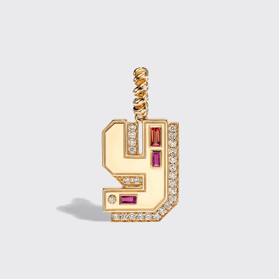 JUMBO YELLOW GOLD LETTER & NUMBER PENDANT [ORANGE & PINK SAPPHIRES]