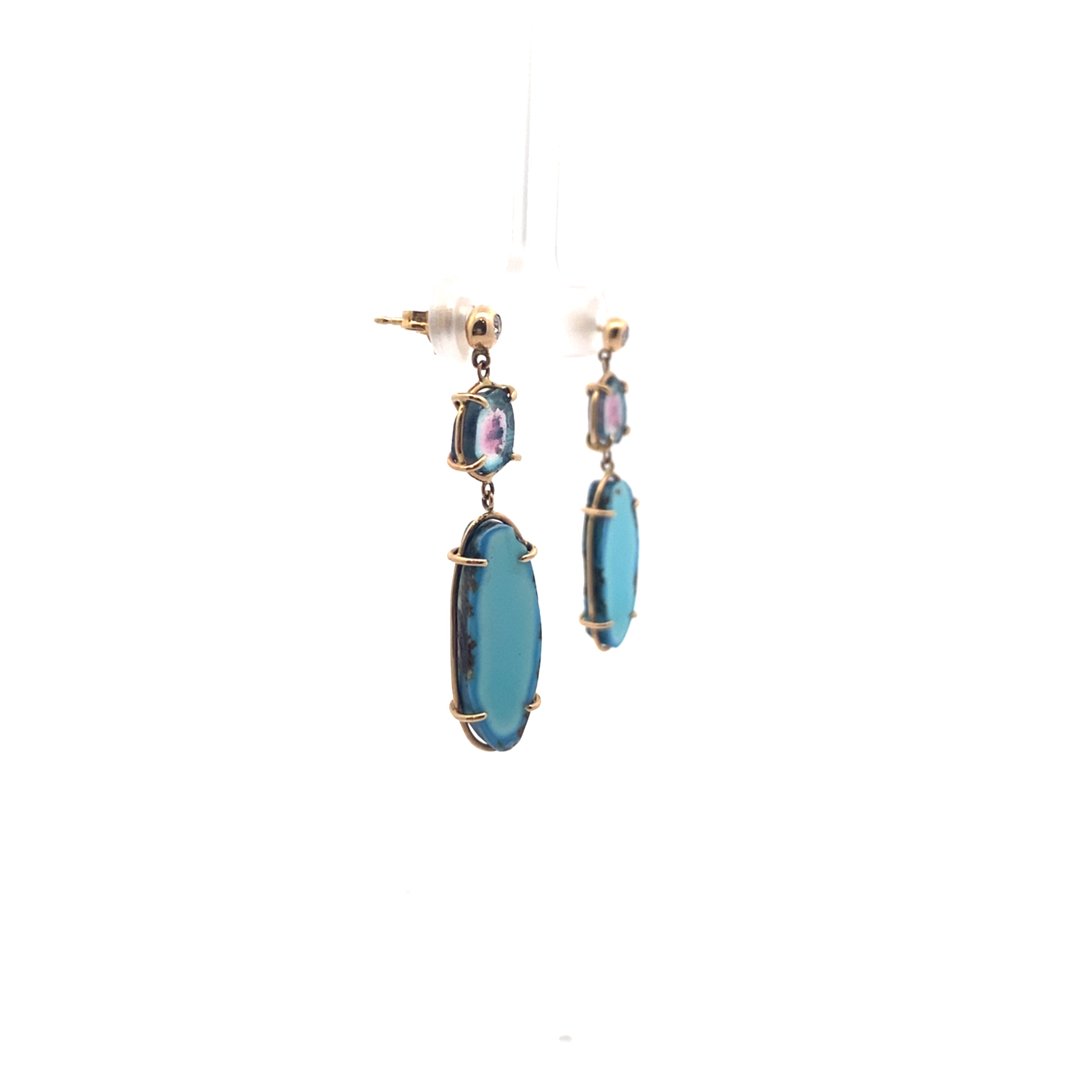 One of a Kind Turquoise and Tourmaline Slice Earrings with diamond