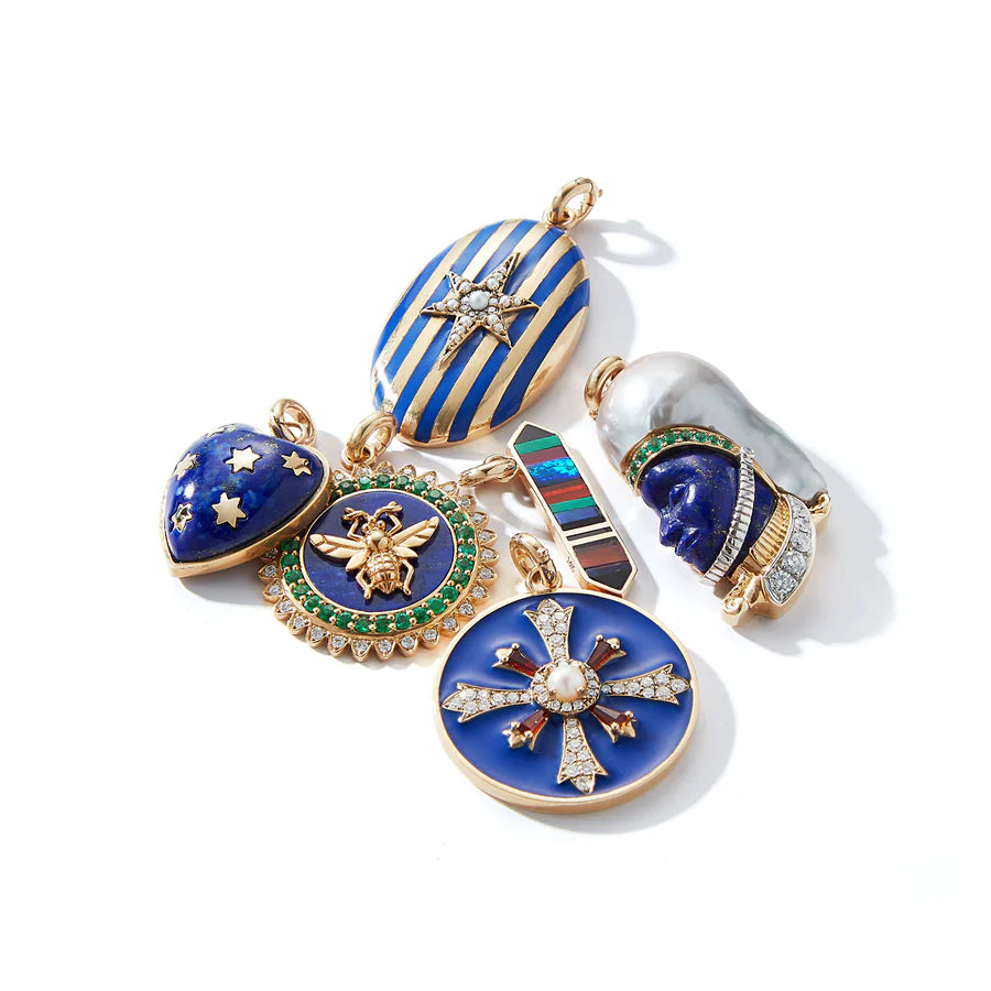14K Gold Gemstone & Blue Enamel Plus Motif Marguerite Medallion