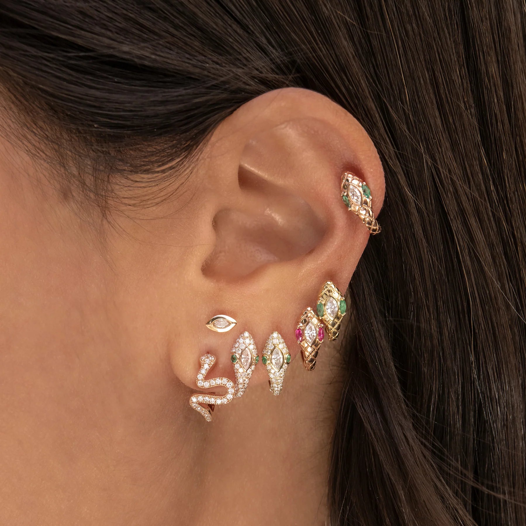 Emerald Eyes Pave Diamond Snake Mini Hoop