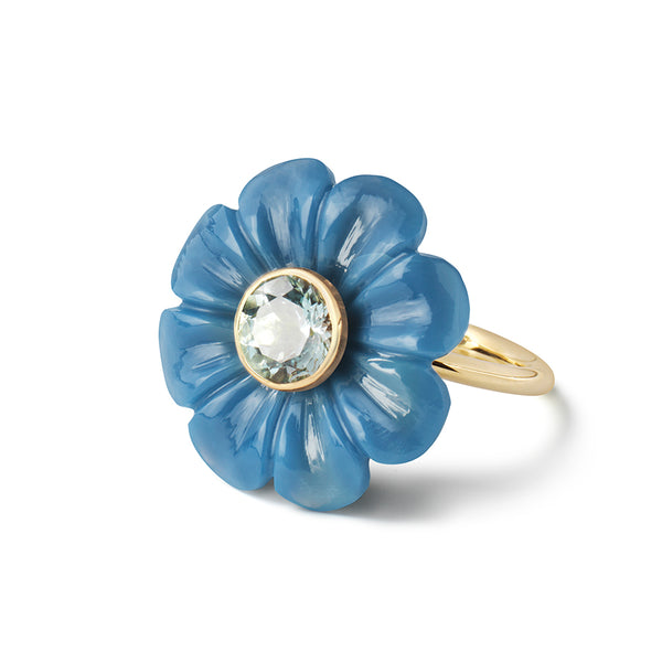 Flower Ring Big Blue Opal and Aquamarine