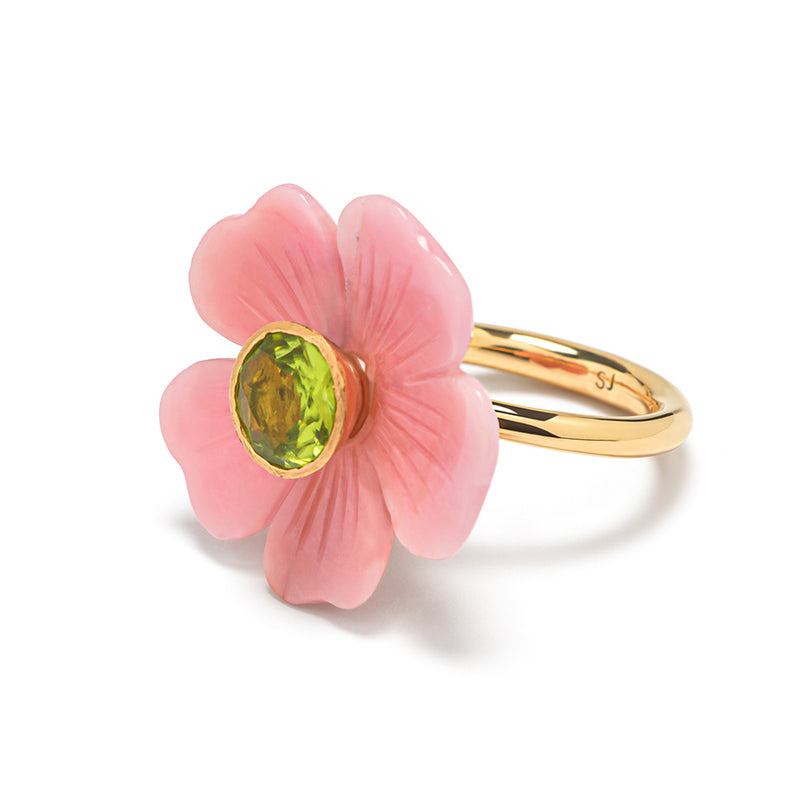 Flower Ring Gold Pink Opal and Peridot