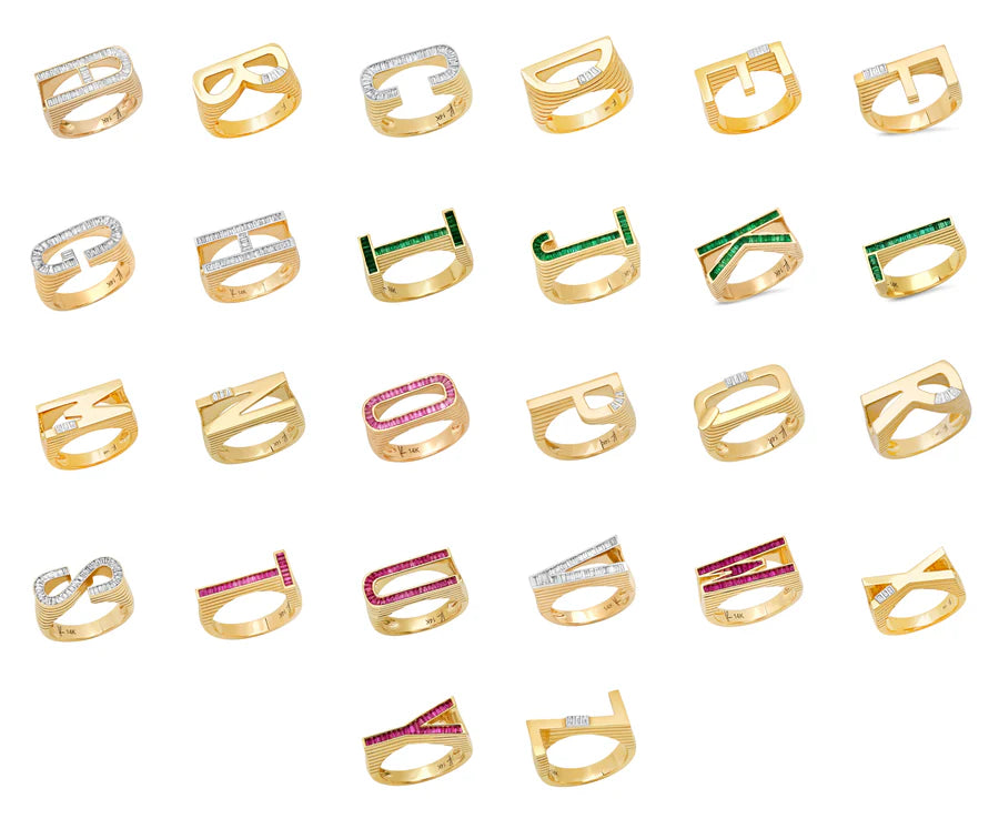 Grandsize Ribbed Initial Ring with Diamond Baguette