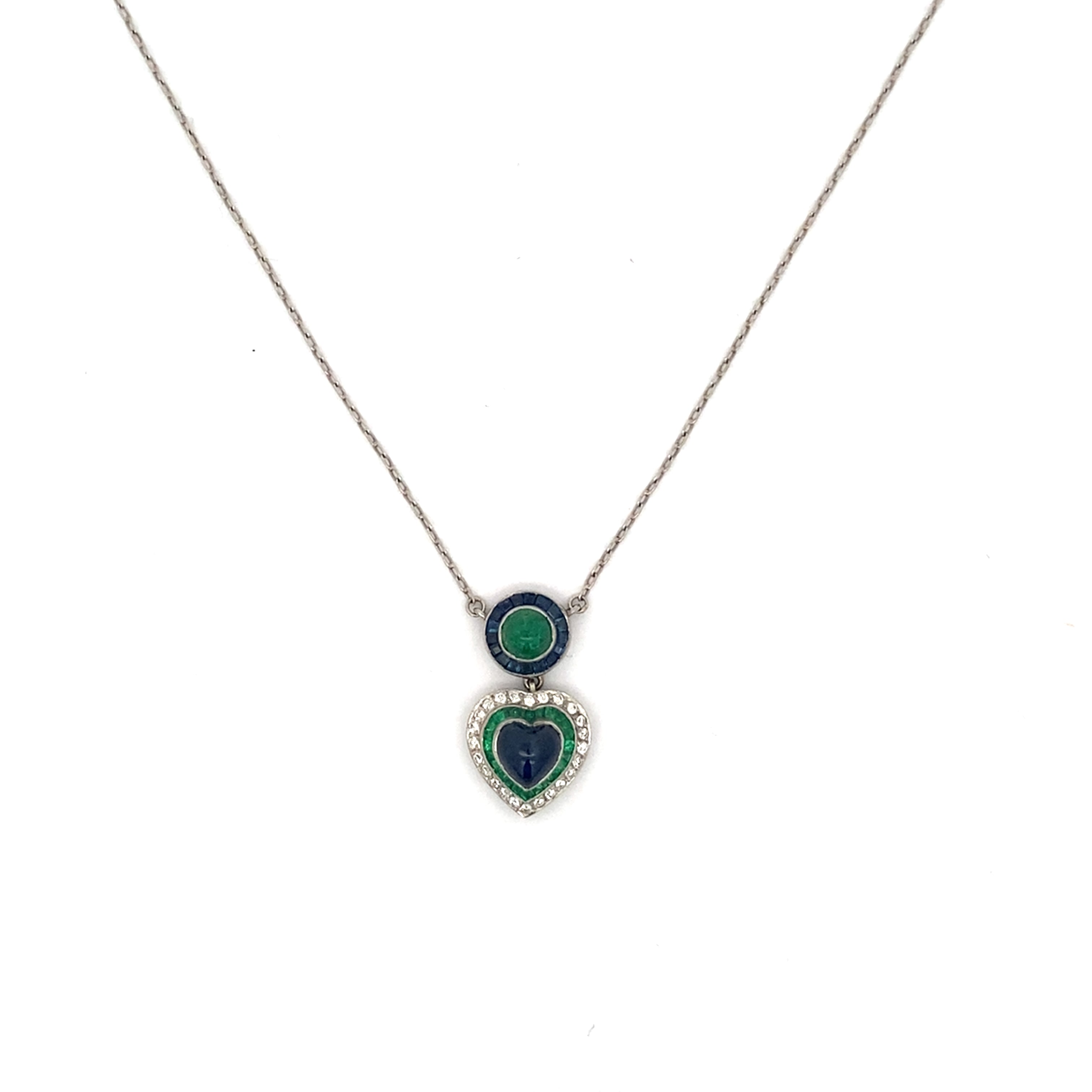 Vintage Platinum Heart Sapphire, Emerald, and Diamond Pendant Necklace