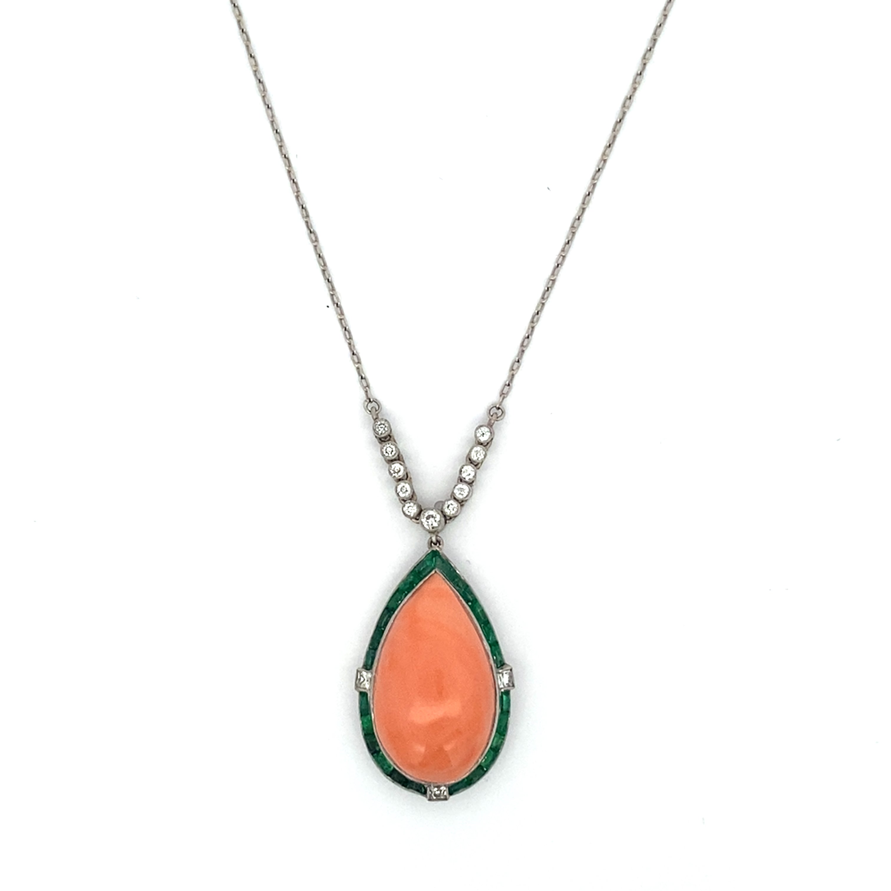 Vintage Platinum Coral, Emerald & Diamond Necklace
