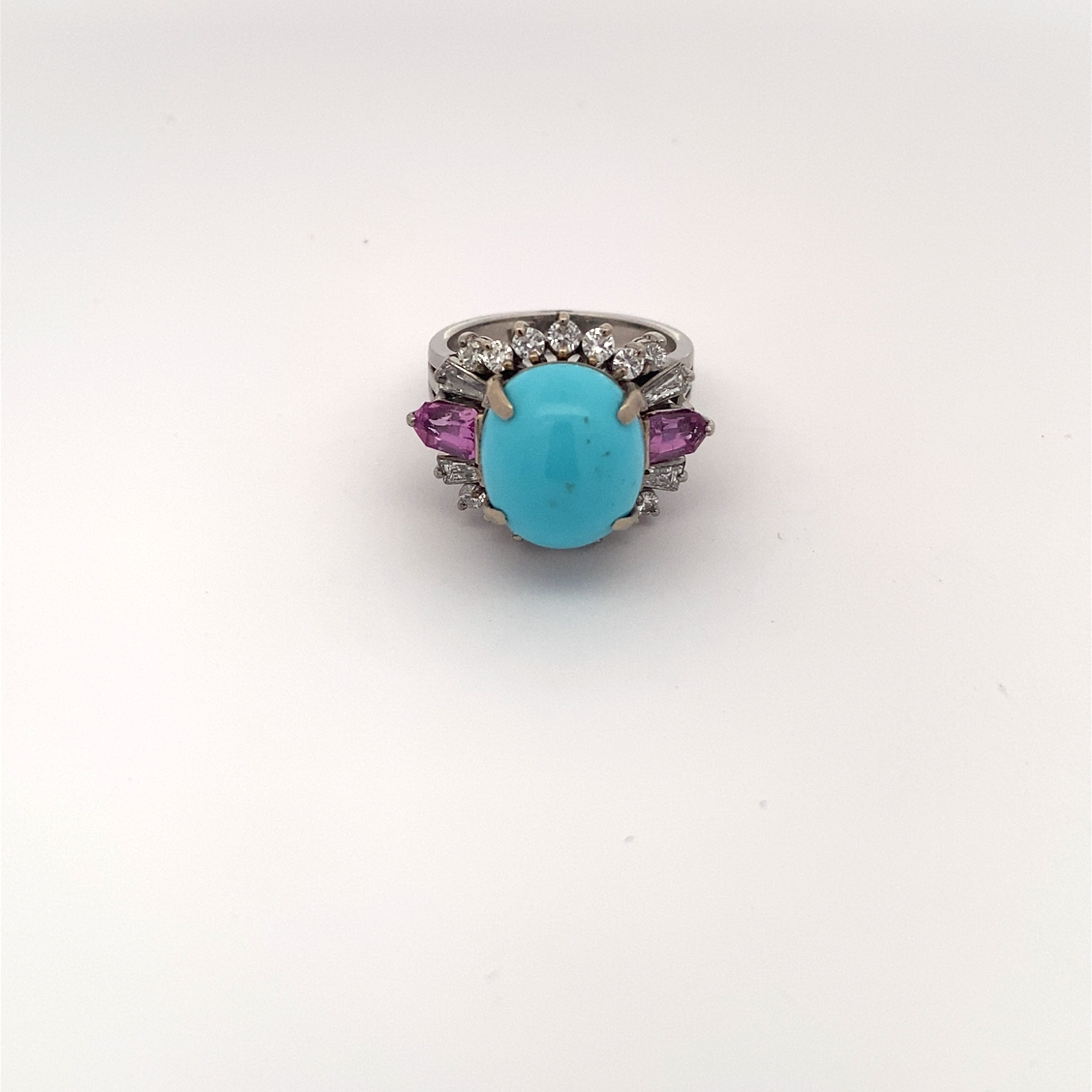 1960s Platinum Turquoise, Pink Sapphire & Diamond Ring