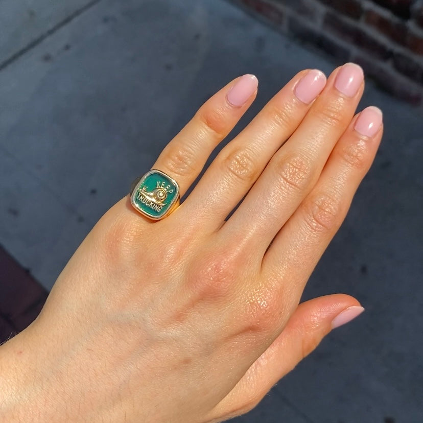 MINI KEEP TRUCKING CARVED STONE SIGNET RING - GREEN AGATE