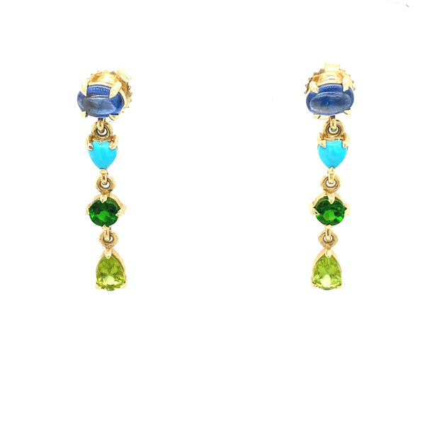 4 Stone Blue Sapphire, Turquoise, & Tsavorite Earrings