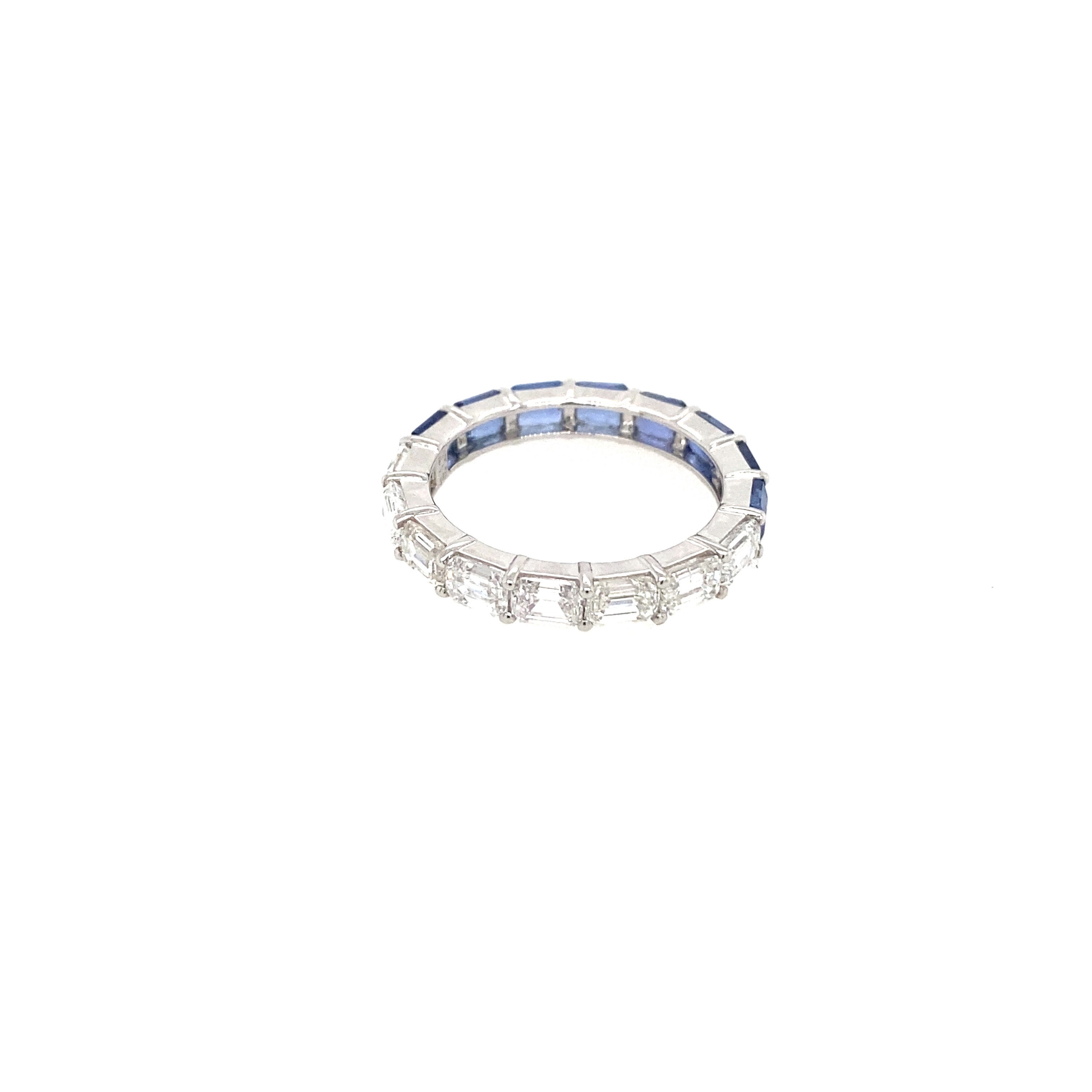 Midnight Blue Sapphire And Diamond Emerald Cut Half-Half Ring