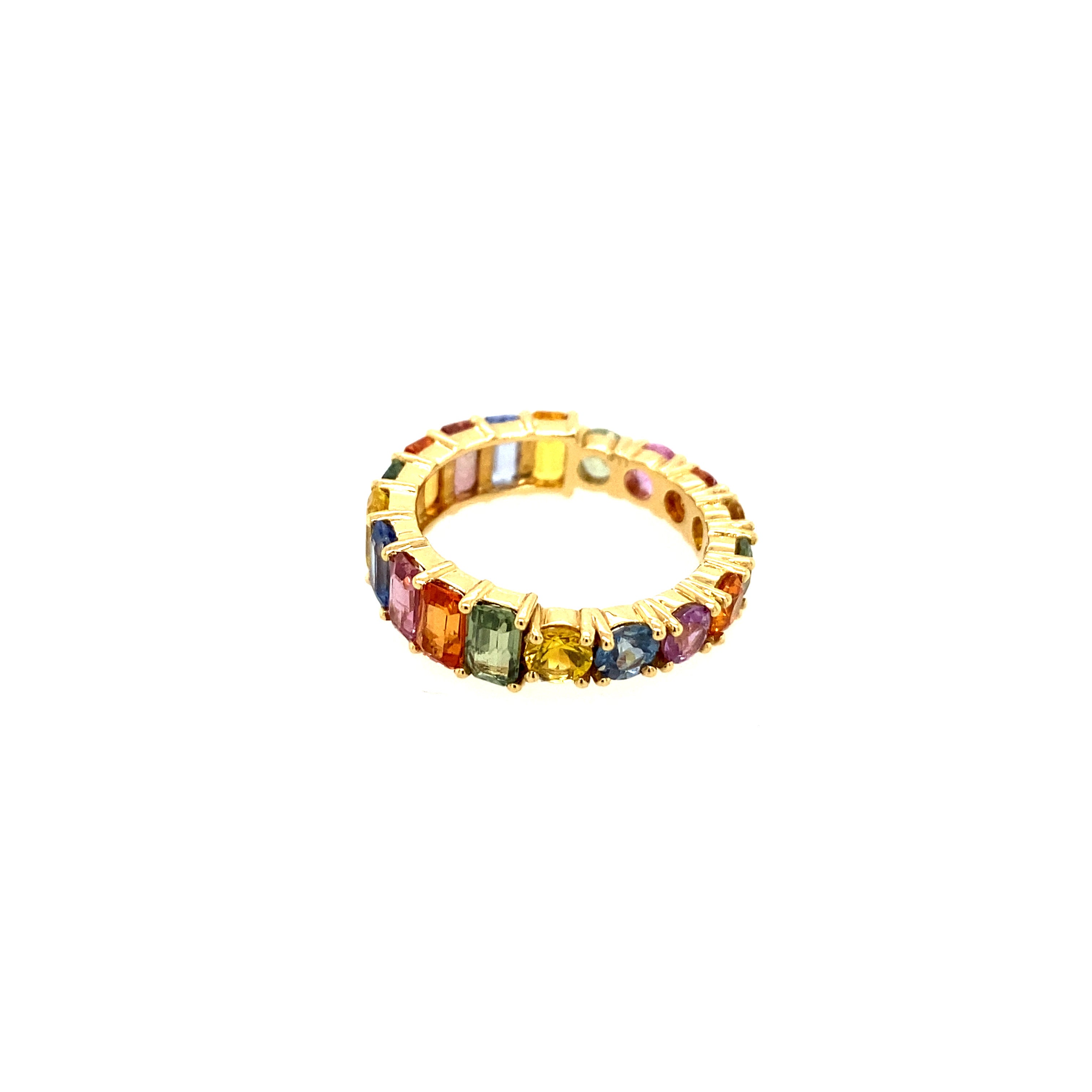 Rainbow Multi Sapphire Emerald Cut Half Half Ring