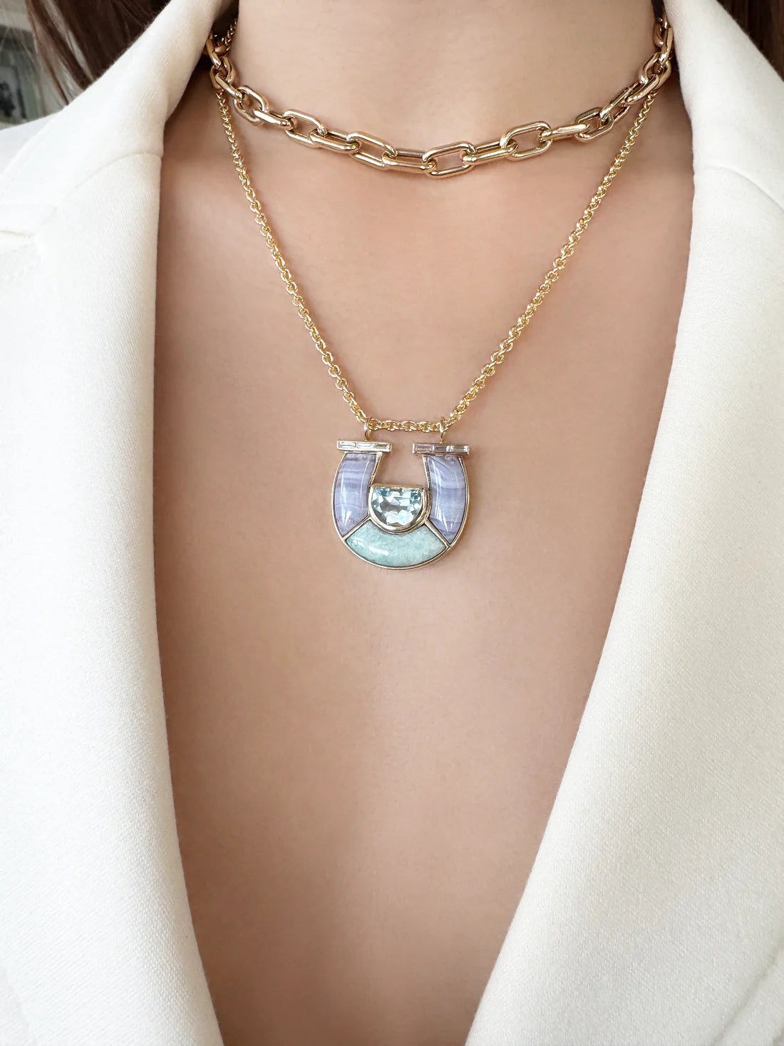 14K Yellow Gold Topaz, Lace Agate, Amazonite and Baguette Diamond Horseshoe Necklace