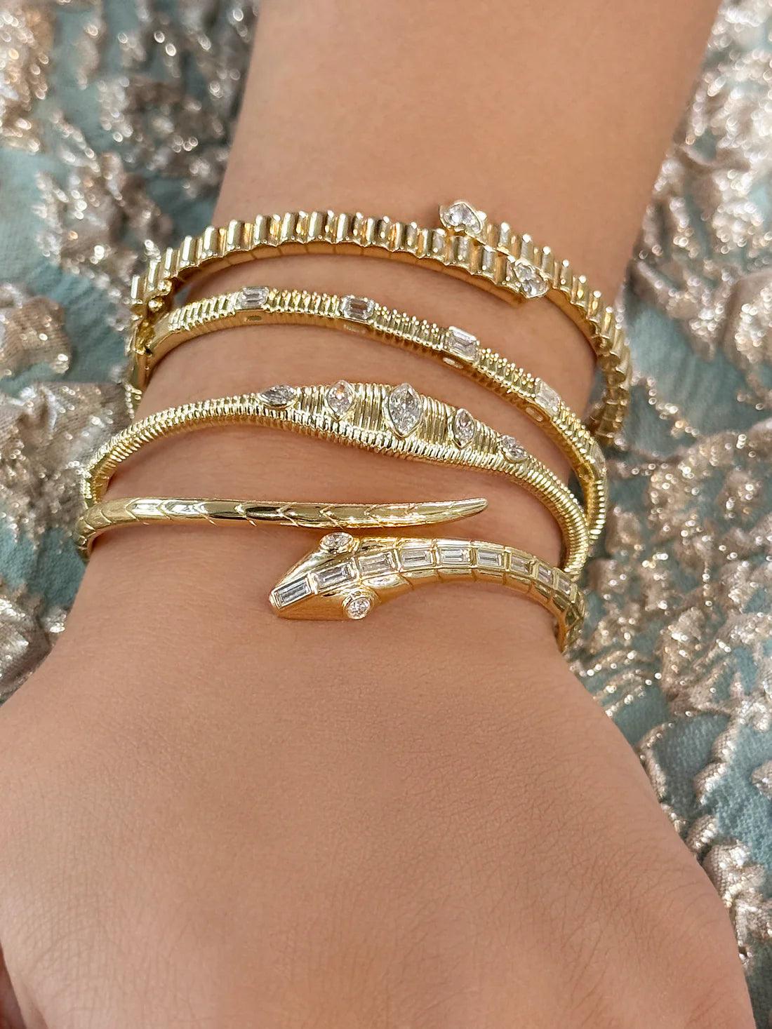 18K Yellow Gold Baguette Diamond Snake Bangle