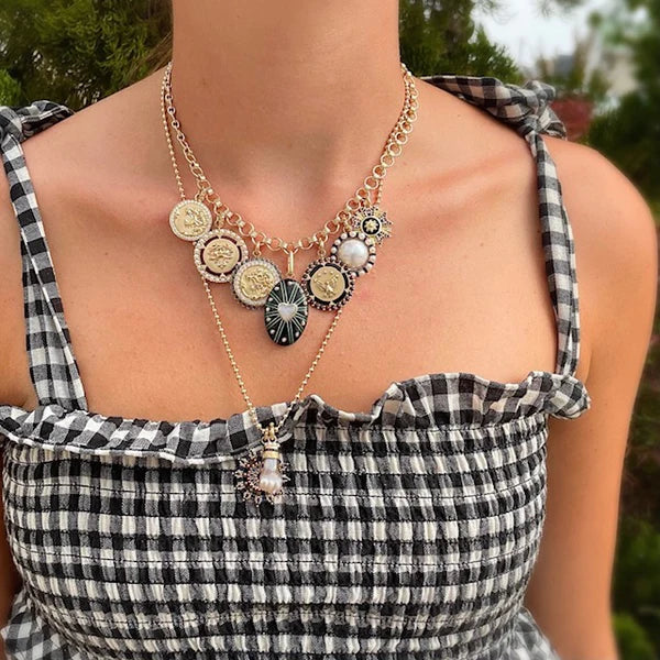 14K Gold Garnet & Black Enamel Florence Charm