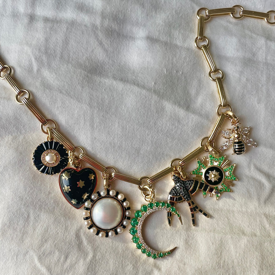 14K Gold Diamond & Malachite Crescent Moon Estelle Charm