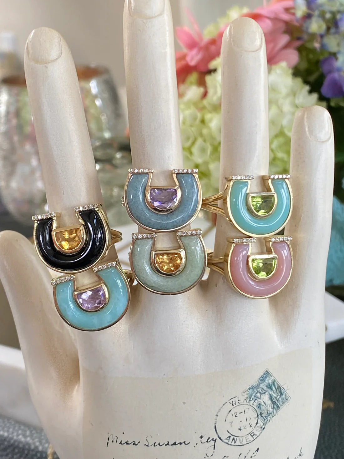 14K Yellow Gold Amethyst, Trollite and Diamond Horseshoe Ring