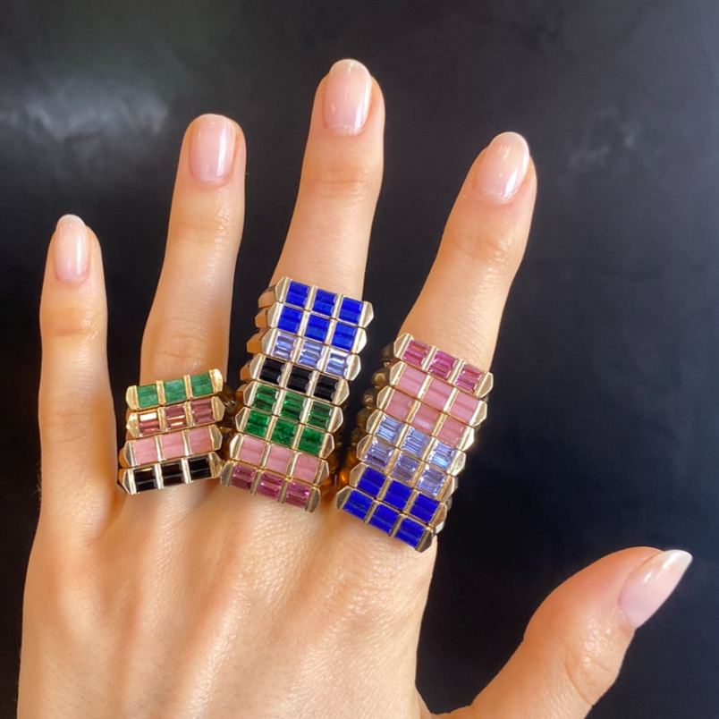 Double Baguette Stackable Pink Opal Ring