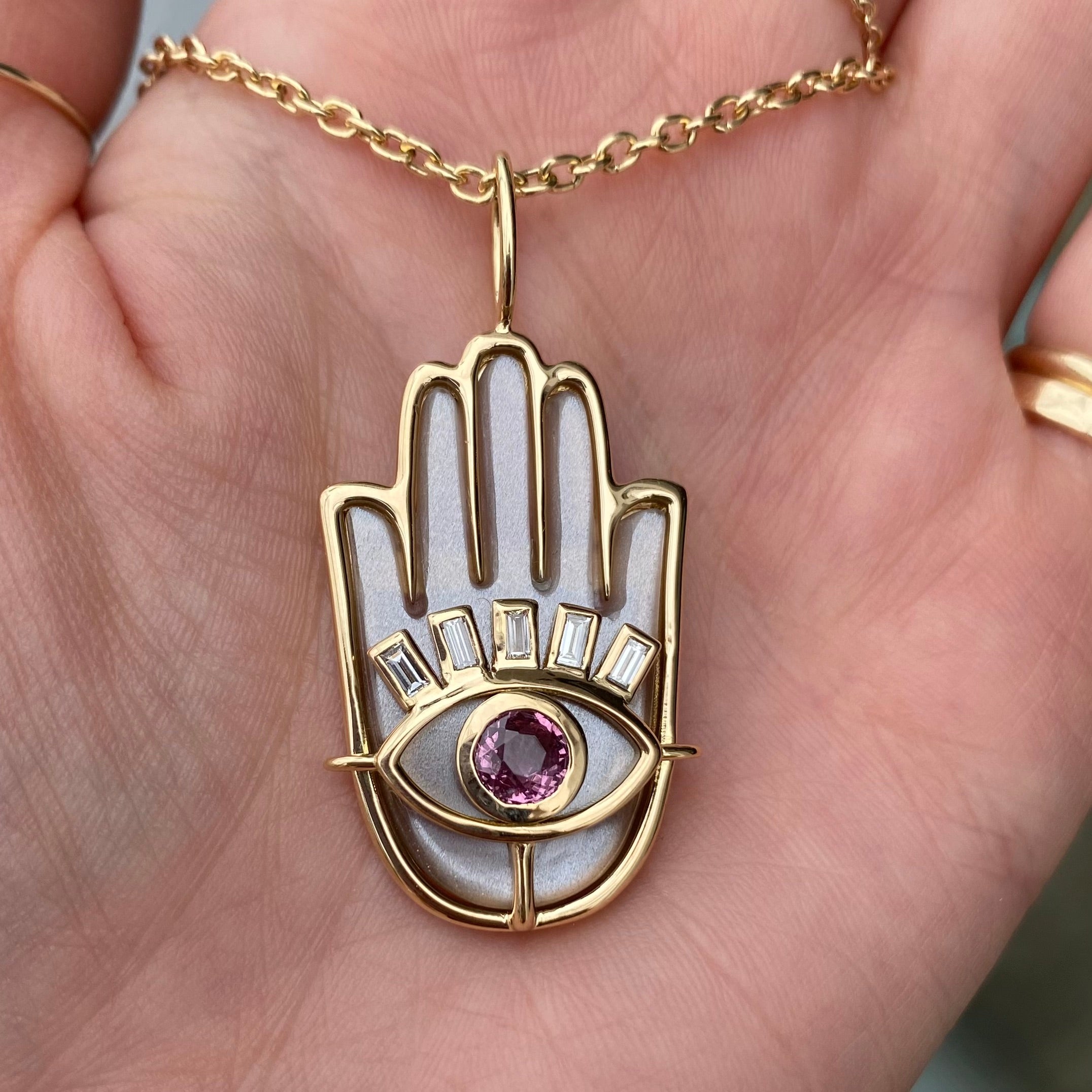 Stone Hamsa Pendant with Grey Moonstone, Pink Sapphire, and Diamonds