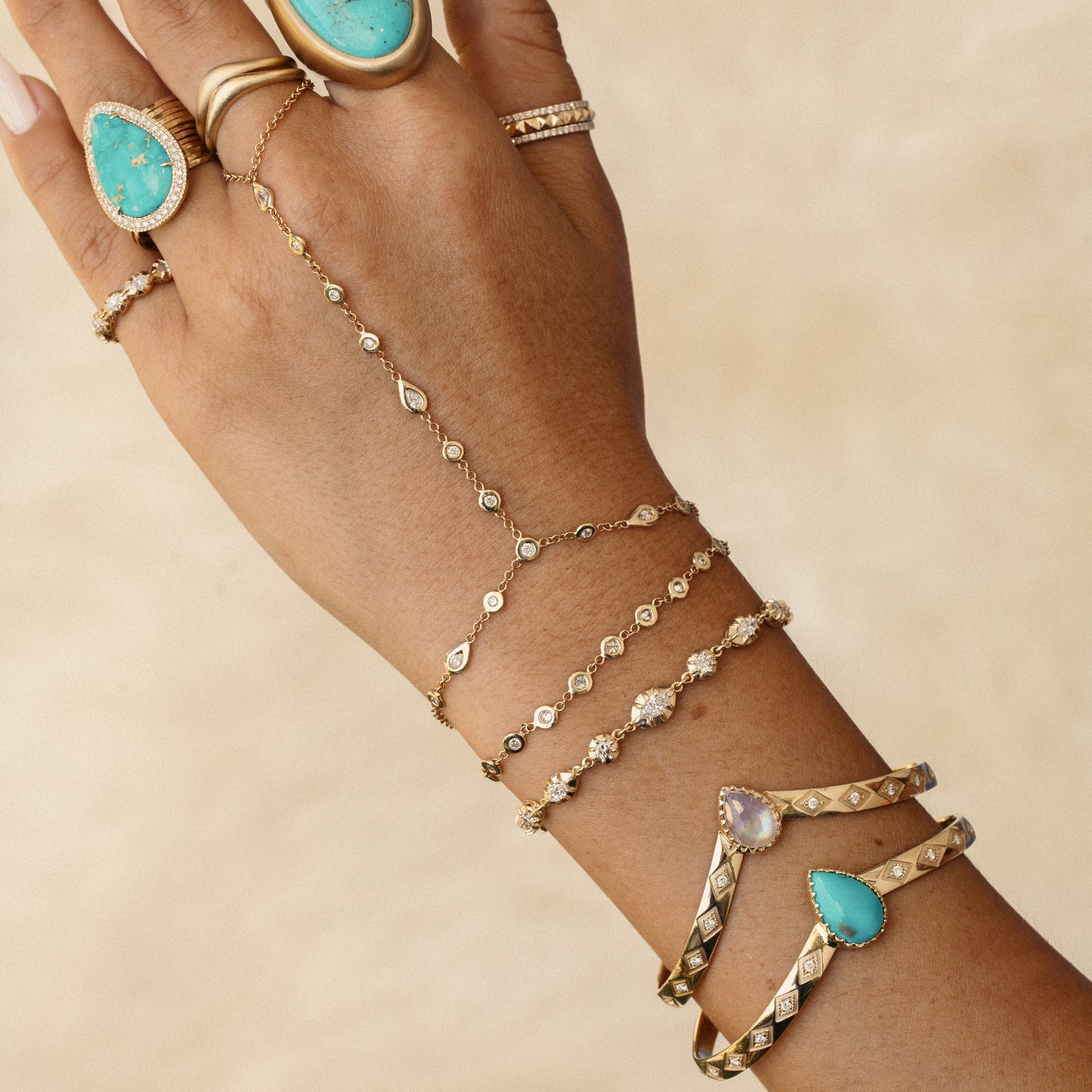 Round + Teardrop Diamond Finger Bracelet