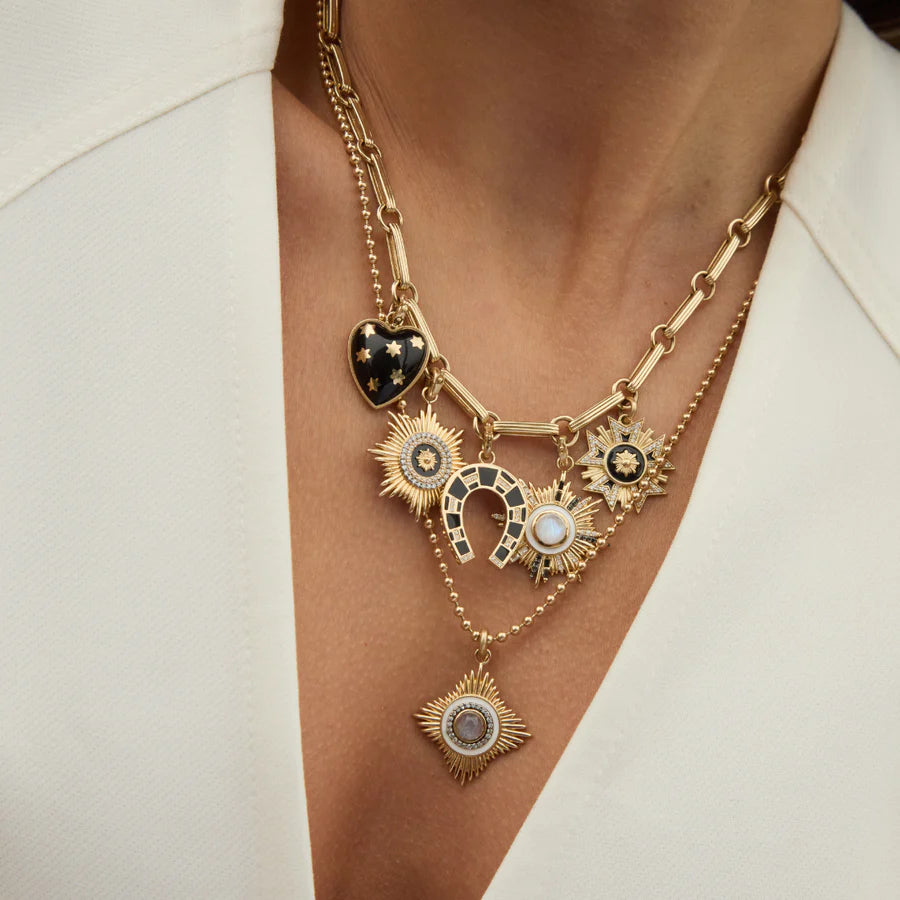 14k Gold Diamond Moonstone & White Enamel Vivienne Medallion