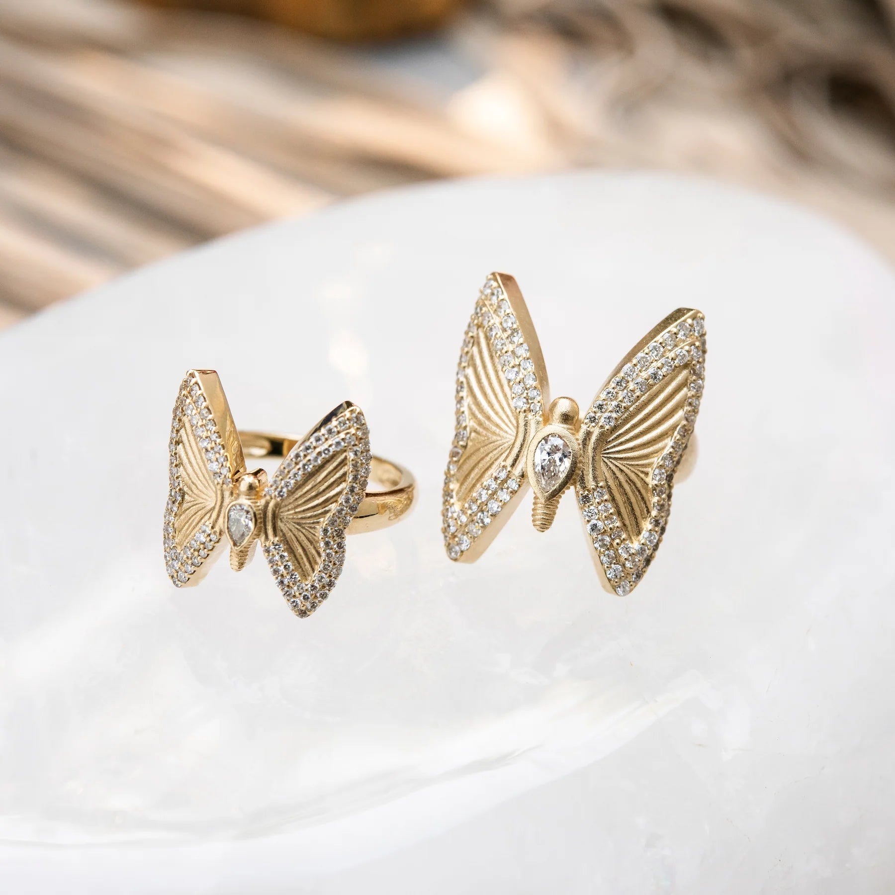 Small Pave Teardrop Diamond Center Butterfly Ring