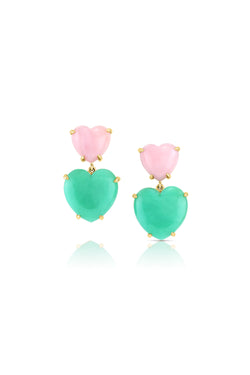 LARGE DOUBLE HEART EARRINGS - PINK OPAL AND CHRYSOPRASE