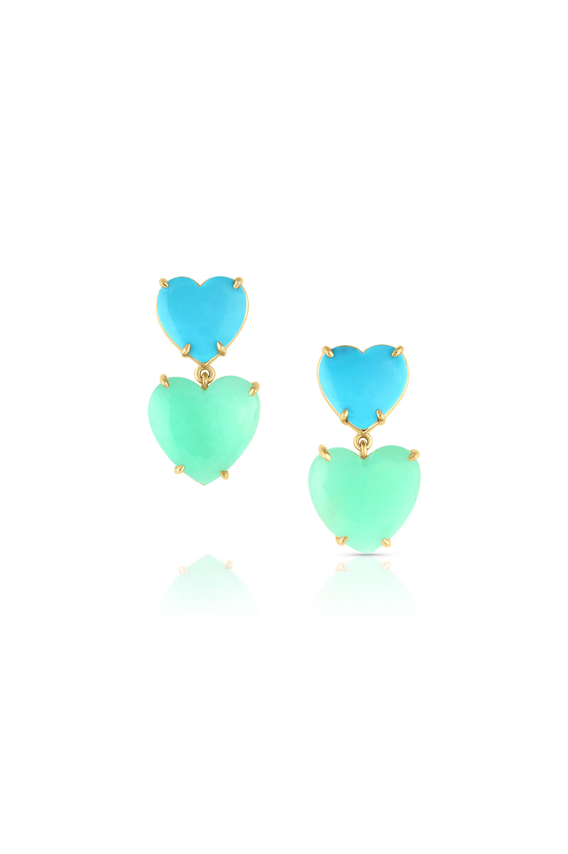 LARGE DOUBLE HEART EARRINGS - TURQUOISE AND CHRYSOPRASE