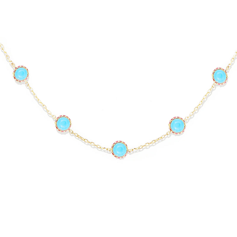 Found Cabochon Station Necklace - Turquoise & Pink Sapphire