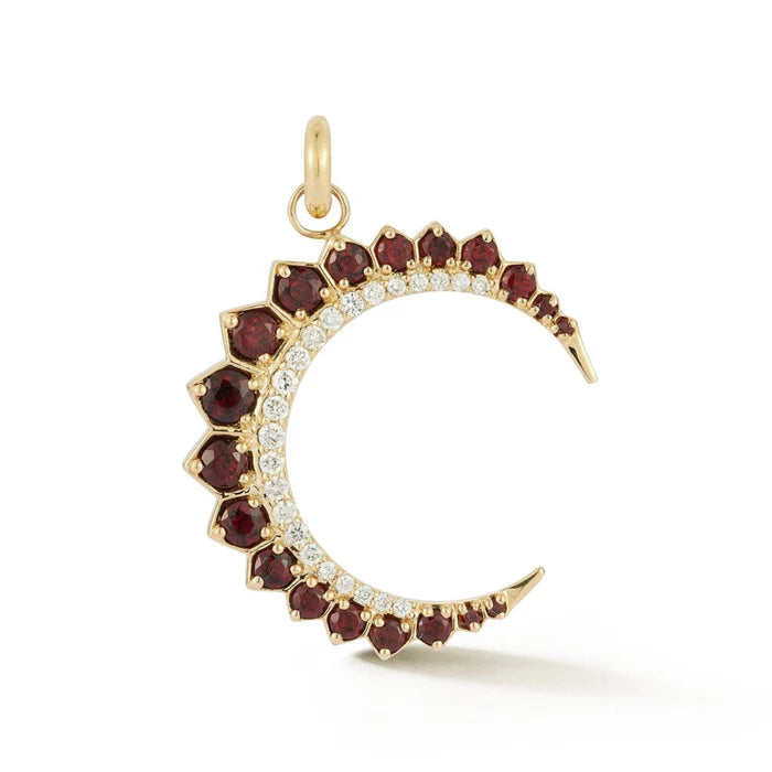 14K Gold Diamond & Garnet Crescent Moon Estelle Charm