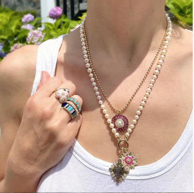 14k Gold Pink Tourmaline Diamond & Pearl Emily Large Charm